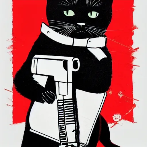 Prompt: a URSS propaganda poster from : a black cat with an AK47 , red and white, This 4K HD image is Trending on Artstation, featured on Behance, well-rendered, extra crisp