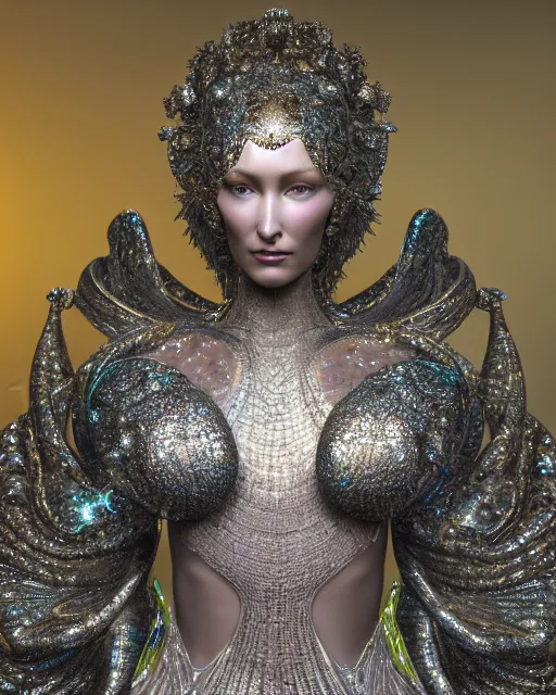 Image similar to a highly detailed metahuman 4 k close up render of an alien goddess bella hadid monument atlantis in iris van herpen dress schiaparelli in diamonds crystals swarovski and jewelry iridescent in style of alphonse mucha gustav klimt trending on artstation made in unreal engine 4