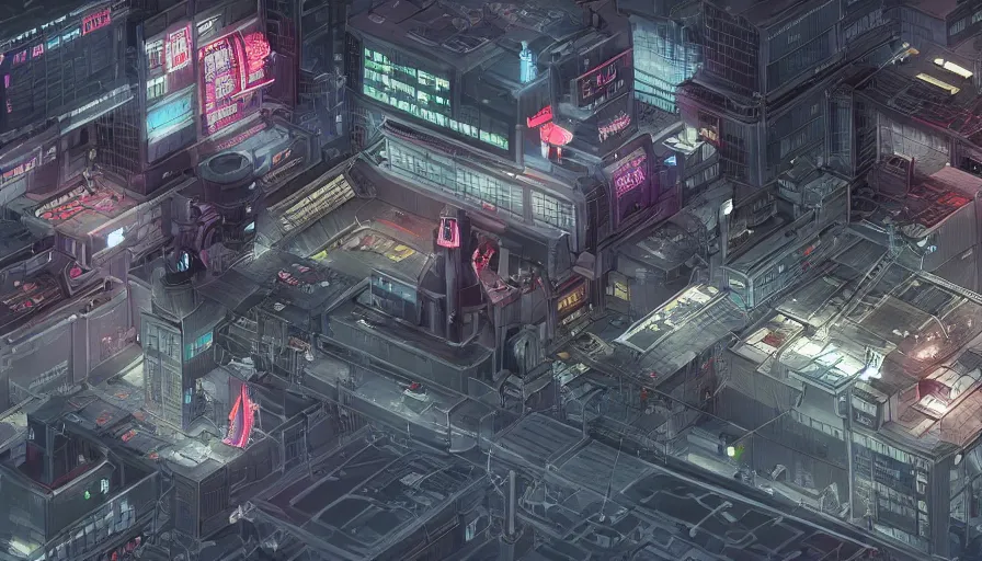 Image similar to Concept Art Illustration of neo-Tokyo Bank Headquarters Map, in the Style of Akira, Syndicate Corporation, Anime, Dystopian, Highly Detailed, Helipad, Special Forces Security, Blockchain Vault, Searchlights, Shipping Docks, For multiplayer Stealth fps bank robbery simulator, Unreal engine 5, Akira Color Palette, Inspired by MGS2 + Ghost in the shell SAC + Cowboy Bebop, 8k :4 by Arc System works + Katsuhiro Otomo : 8