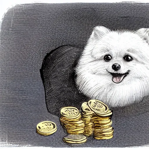 Image similar to A pomeranian wearing a top-hat and a monocle, sitting on a pile of gold coins