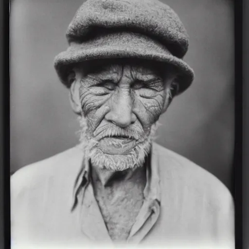 Image similar to polaroid photo of an older man, about 7 0 years old, with wrinkles on his face, looking towards infinity with a sad look, a two - day beard and a woolen cap while his lips are chapped by the sun, as well as his dark complexion