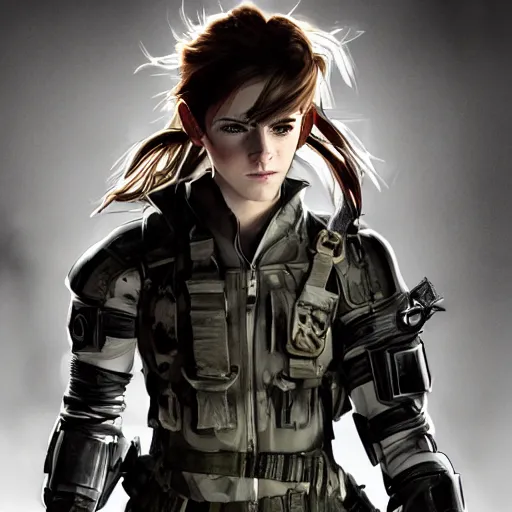 Image similar to emma watson wearing metal gear armor dramatic lighting cinematic cinematic lighting by Richard Schmid by Yoji Shinkawa by artgem