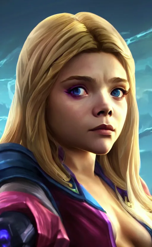 Prompt: Chloë Grace Moretz as a character in the game League of Legends, with a background based on the game League of Legends, detailed face, old 3d graphics