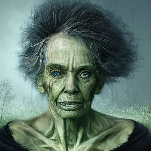 Image similar to fantasy portrait of an emaciated yet energetic old woman with silky, cloudy grey hair, black scars on her face, swamp vegetation in the background, nocturnal palette, art by greg rutowski, raphael lacoste, eddie mendoza, 4 k oil linen, soft green lighting