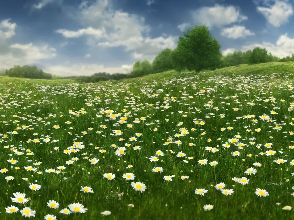 Prompt: rendering of a scene with a meadow full of daisies, matte painting