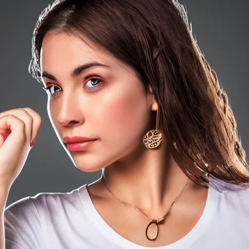 Prompt: beautiful woman wearing a white T-shirt and a pendant, medium shot, photography, high quality, studio lighting, 4k,