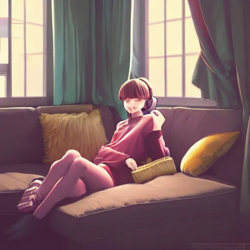 Prompt: girl sits on the sofa and listens to music, the sun shines through the window, highly detailed, 8 k, in style of kyoto animation, art by artgerm