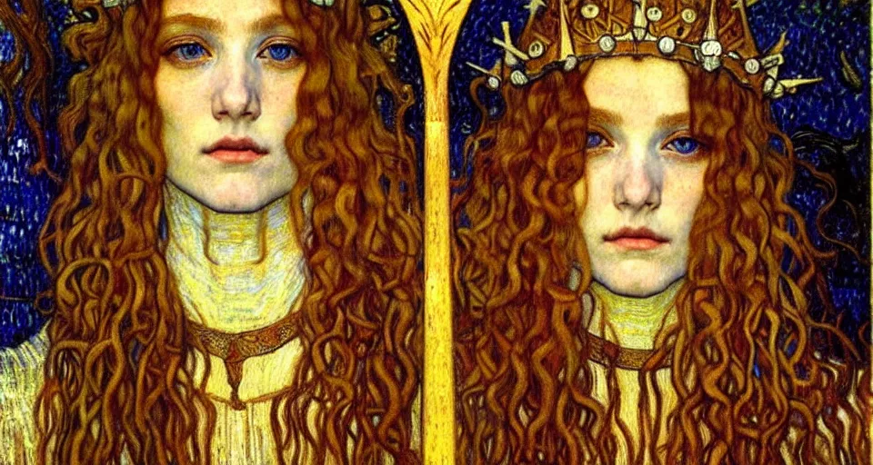 Image similar to detailed realistic beautiful young medieval queen face portrait by jean delville, gustav klimt and vincent van gogh, art nouveau, symbolist, visionary, gothic, pre - raphaelite, muted earthy colors, desaturated