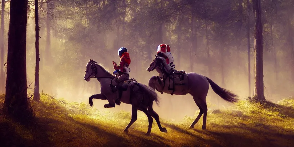 Prompt: american astronaut in an indian forest riding a beautiful horse, elegant scene, wide angle, cinematic lighting, atmospheric, ultrarealistic, trending on artstation, cgsociety, highly detailed, color graded, in the style of craig mullins, rendered in Unreal Engine 4k HQ, horizon forbidden west