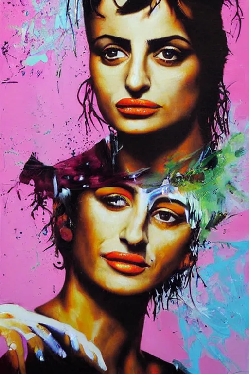 Prompt: oil painting, portrait of penelope cruz, graffiti, splash painting, by bansky