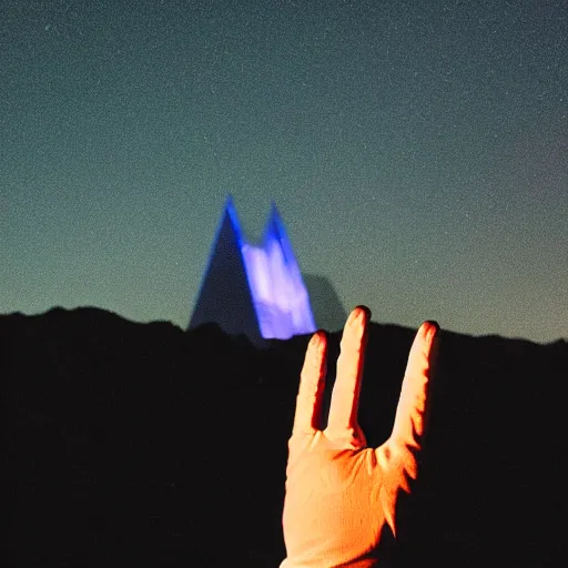 Image similar to a glowing shard of kryptonite held in an open black - gloved hand, night photography