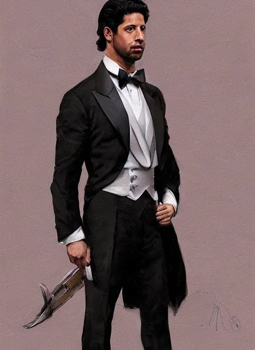 Prompt: a professional painting of Adam Rodriguez as a handsome young prince, wearing an high fashion paper tuxedo, intricate, elegant, digital painting, concept art, smooth, sharp focus, illustration, from Metal Gear, by Ruan Jia and Mandy Jurgens and Artgerm and William-Adolphe Bouguereau
