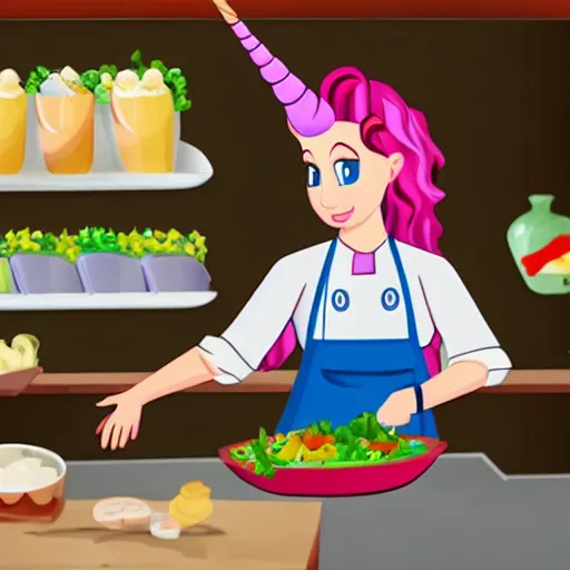 Image similar to A unicorn working as a chef, Animated Still