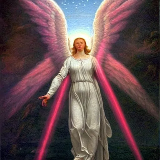 Image similar to renaissance hyper realistic painting of white angel!!! beautiful face, no gender!!!, ball of miracle light from the chest!!!!!, miracle light coming overhead!!, miracles everywhere, lot of fire and stars overhead!!!, by caspar david friedrich, misty space, holography effect, glow effect, large strokes, high detailed, white background