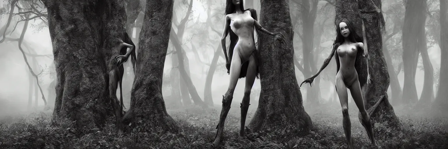 Image similar to epic fantasy render of a skinny witch girl body, no dress, long dark hairs, posing, woods, black and white, highly detailed, cinematic, hyperrealism, dynamic lighting, up light, octane render