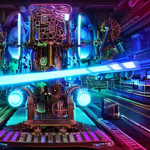 Image similar to album art, album is called tripmachine, tripmachine, photo of a huge futuristic steampunk machinery with gears and belts, many tubes and cables, 8 k, fluorescent colors, halluzinogenic, multicolored, exaggerated detailed, front shot, 3 d render, octane
