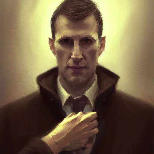 Prompt: Portrait of a man by Greg Rutkowski, he is about 40 years old, mixture between russian and irish, side parted combover brown hair, attractive, NARROW very very very very sharp face ANGULAR hawkish facial features, hooked nose , extremely pale white skin, smart looking, he is wearing a black trenchcoat, highly detailed portrait, scifi, digital painting, artstation, concept art, smooth, sharp foccus ilustration, Artstation HQ