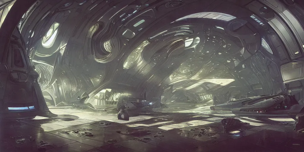 Image similar to wide shot, interior of an alien spaceship, futuristic, hyperrealism, crepuscular rays, ray tracing, by alphosne mucha adolf hiremy hirschl