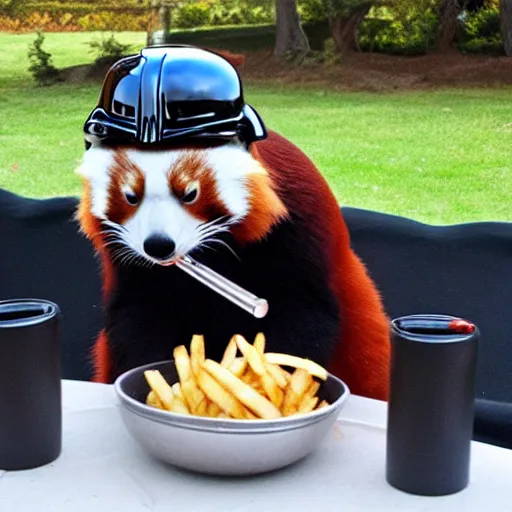 Prompt: a red panda wearing a Darth Vader helmet eating french fries