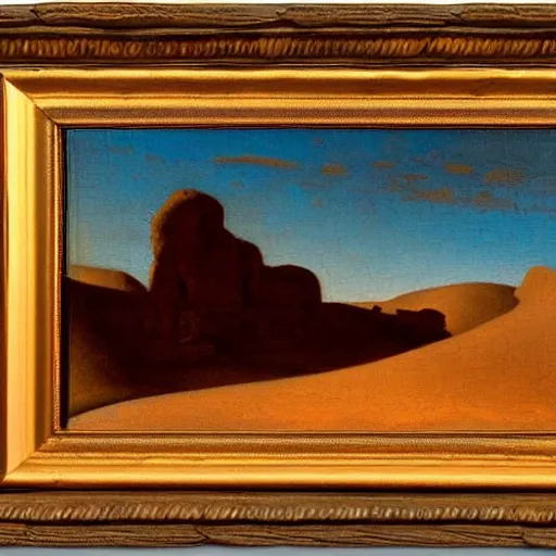 Image similar to desert landscape oil painting at twilight, intricate lines, elegant, extreme detail, smooth, sharp focus, art by vermeer and edward church