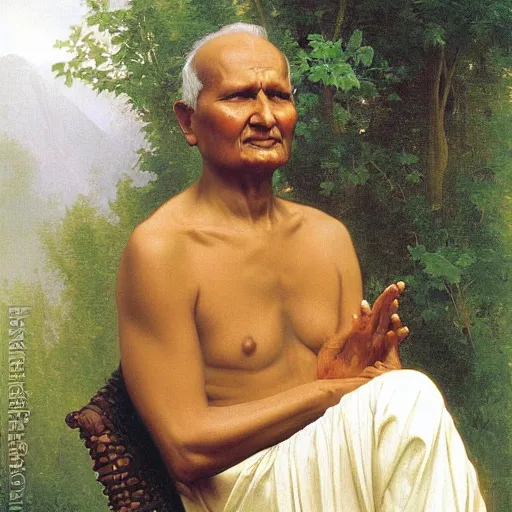 Image similar to an oil painting of Nisargadatta Maharaj, by Bouguereau, highly detailed and intricate, surrounded by nature