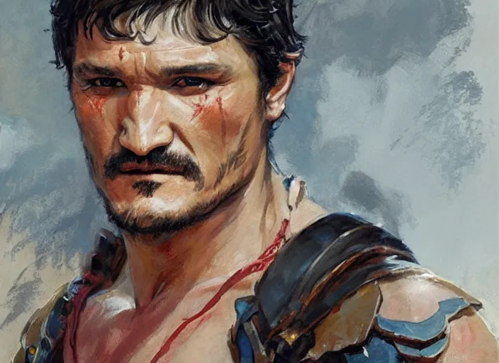 Image similar to a highly detailed beautiful portrait of pedro pascal as kratos, by gregory manchess, james gurney, james jean
