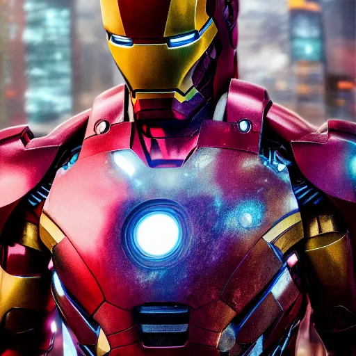 Prompt: Cyberpunk Iron man mark 86, close up shot, neon, cyborg, futuristic, photorealistic, 8K, reflection on helmet,