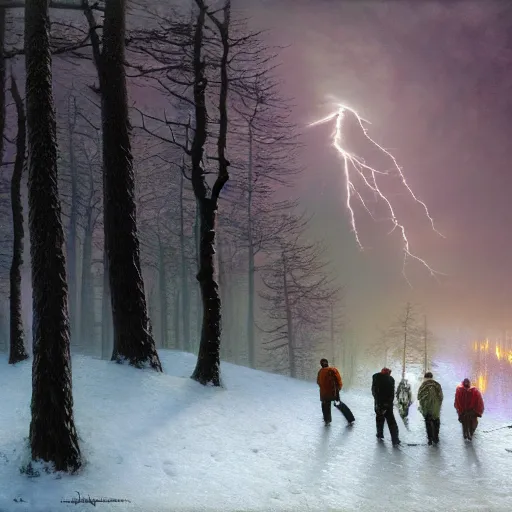 Image similar to a beautiful painting of group of climbers, extreme cold, storm, octane rendering, grim, dark, volumetric lightning, hyperrealism, no blur, 4 k resolution, ultra detailed, style of john atkinson grimshaw, ivan shishkin, tyler edlin, scott listfield, eric zener