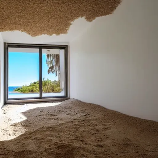 Prompt: an otherwise pristine room filled half way to ceiling with sand, natural lighting through windows