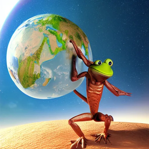 Prompt: a muscular frog holding planet earth over its head, octane render, cinematic rendering, 8 k, octane, digital art