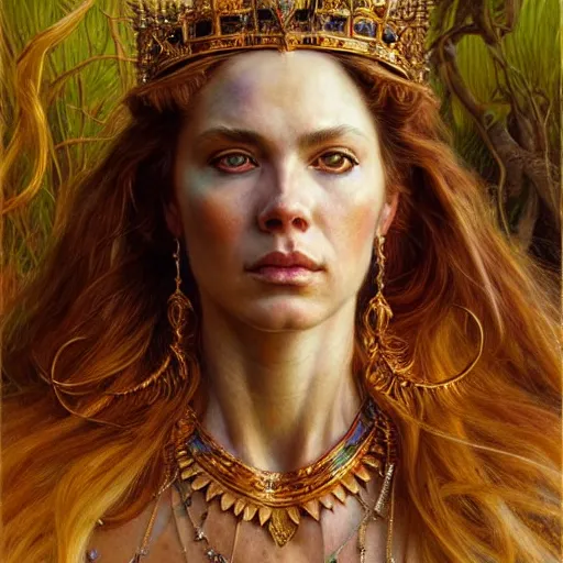 Prompt: highly detailed portrait of a majestic lioness queen in the form of a beautiful woman. d & d, art by donato giancola and ruan jia and carl larsson and magali villeneuve. trending on artstation, intricate details, energetic composition, golden ratio, concept art, illustration, elegant art