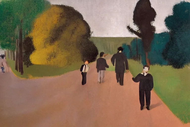 Prompt: a tall man with dark hair holding the hands of a small boy with dark hair as they walk down a suburban highway on a bright beautiful colorful happy day. part in the style of an edgar degas painting. part in the style of david hockney