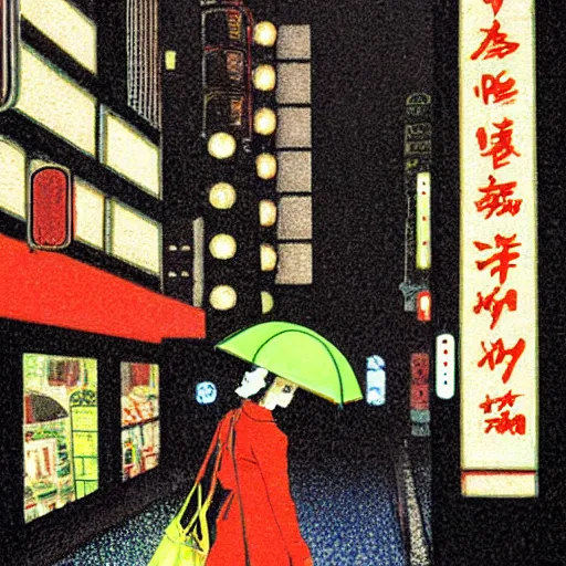 Prompt: a woman holding an umbrella, walking down the streets of tokyo, with neon signs, while it's raining. extremely detailed, illustration by michael sowa