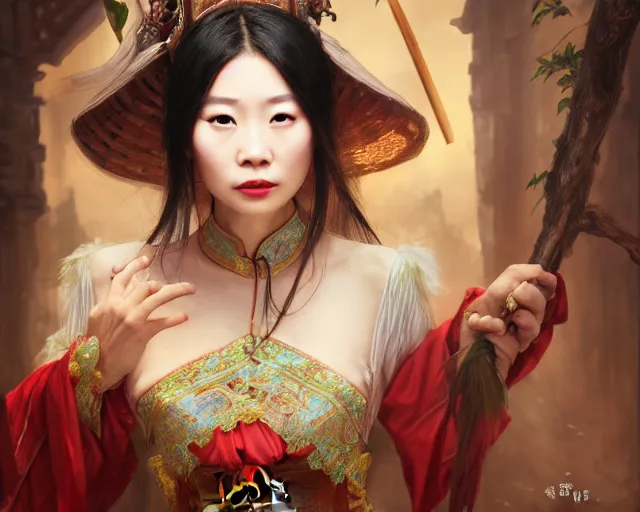 Prompt: photography of hong kong actress barbara yung, weng meiling, dressed as dongfang bubai, deep focus, d & d, fantasy, intricate, elegant, highly detailed, digital painting, artstation, concept art, matte, sharp focus, illustration, hearthstone, art by artgerm and greg rutkowski and alphonse mucha