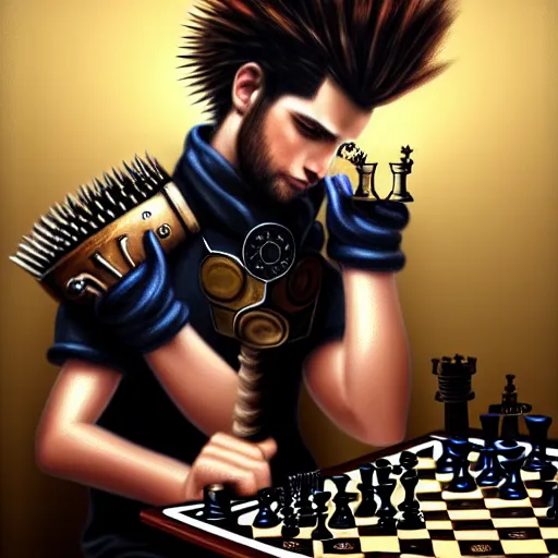 Prompt: man with spiky hair, wearing very complex steampunk armor, playing chess, oil painting, soft style, hyperrealism, beautiful, high resolution, trending on artstation