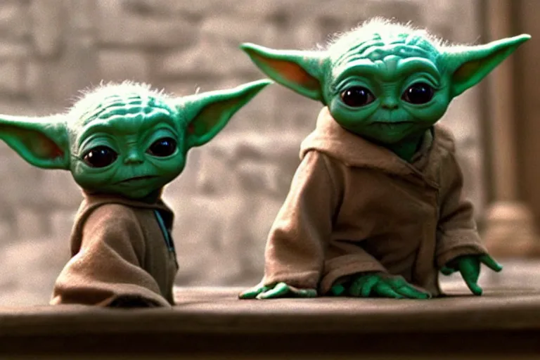 Image similar to promotional image of Baby Yoda (viewed from behind) standing in front of the Mirror of Erised in Harry Potter and the Philosopher's Stone (2001), movie still frame, promotional image, imax 70 mm footage