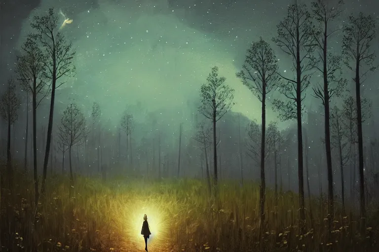 Image similar to giant daisy flower head, girl walking in a moonlit forest, hills, surreal photography, dark night, star trails, dramatic light, impressionist painting, clouds, digital painting, artstation, simon stalenhag