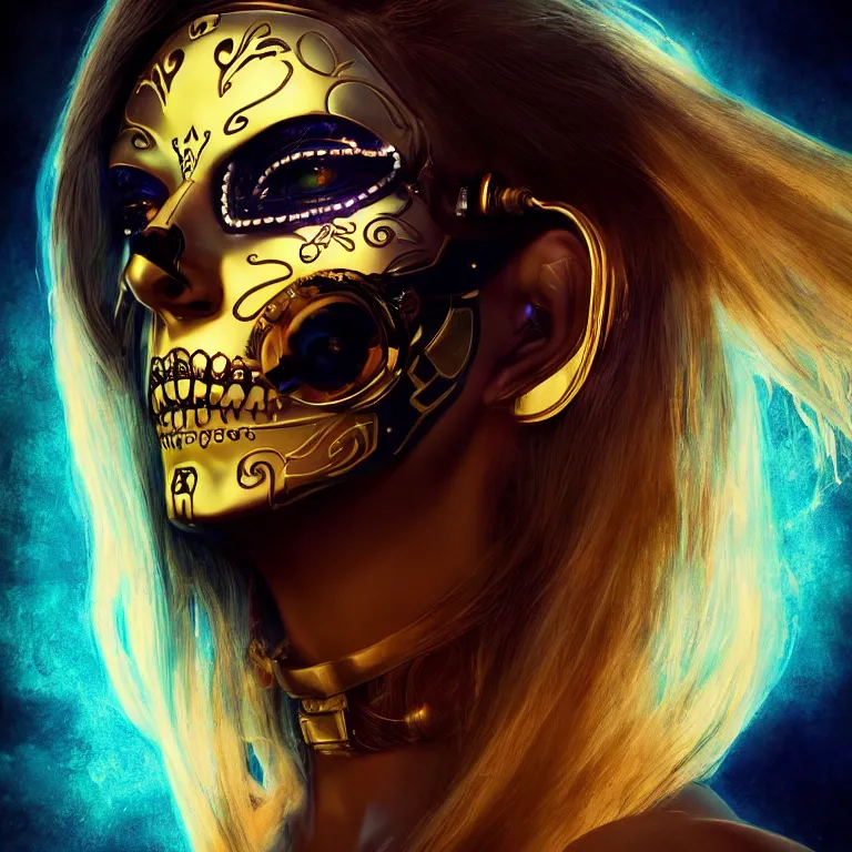 Image similar to beautiful cinematic poster, female cyberpunk cyborg, a gold sugar skull mask, brilliant blue flowing hair, beautiful glowing eyes, wideshot ultrawide angle epic scale, hybrid from the elden ring and art direction by darius zawadzki, wayne reynolds artstation ; cinematic quality character render ; low angle ; ultra high quality model, quality cinema model