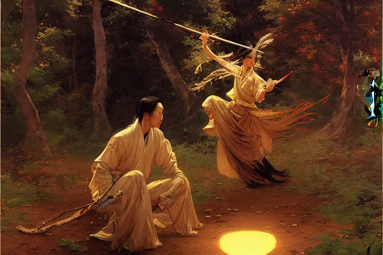 Image similar to wuxia, forest, moonlight, painting by gaston bussiere, craig mullins, j. c. leyendecker