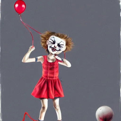 Prompt: grunge cartoon painting of a little girl playing with a jump rope with a wide smile and a red balloon by chris leib, loony toons style, pennywise style, horror theme, detailed, elegant, intricate