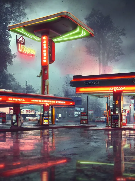 Image similar to photo of 8k ultra realistic gas station, neon, heavy rain, full of colour, cinematic lighting, battered, trending on artstation, 4k, hyperrealistic, focused, extreme details,unreal engine 5, cinematic, masterpiece, art by ayami kojima, giger