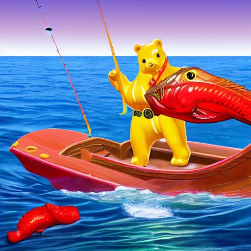 Image similar to life - sized gummi bear going deep sea fishing in a convertible sportfisherman boat. he is fishing for swedish fish candy and using gummi worm candy as bait. photorealistic digital art, epic fantasy, dramatic lighting, cinematic, extremely high detail, cinematic lighting, trending, artstation, cgsociety, 3 d ue 5, 4 k, hq