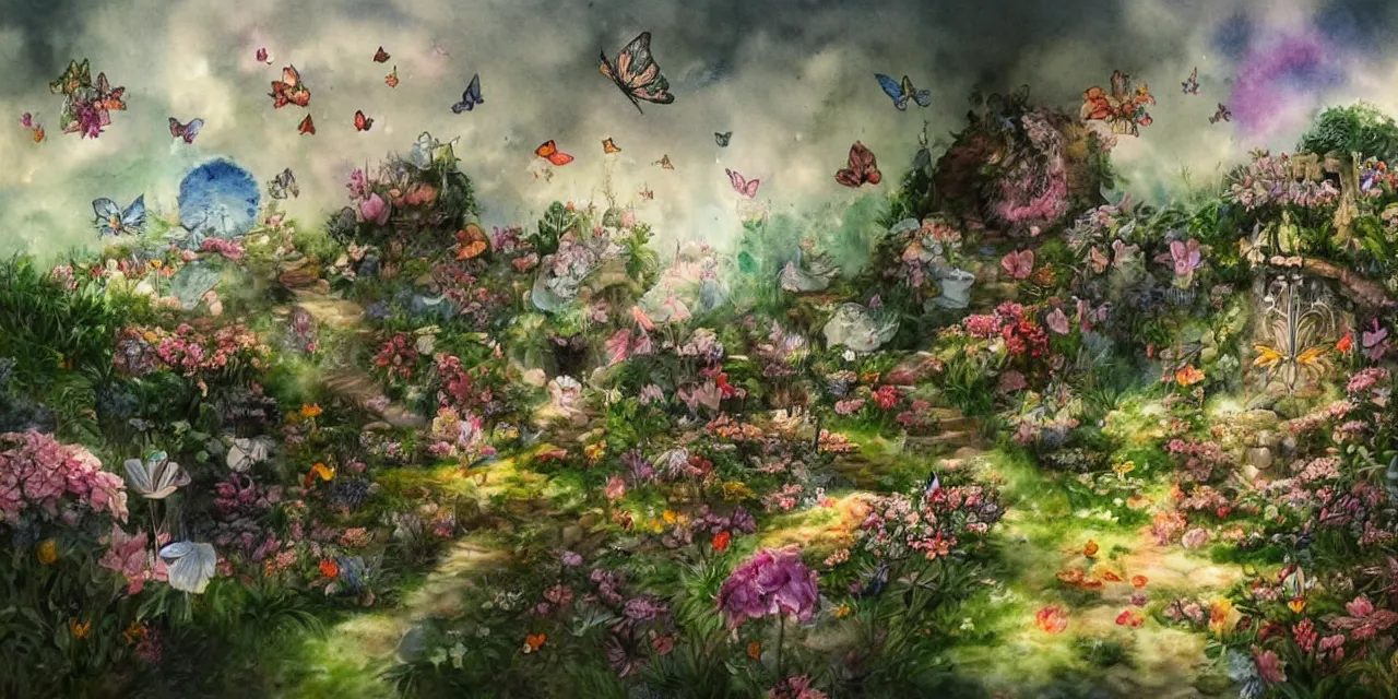 Prompt: a beautiful detailed watercolor painting of a alice garden in the clouds, fairy tales, butterflies, a crystal ship, light effect, trending on artstation