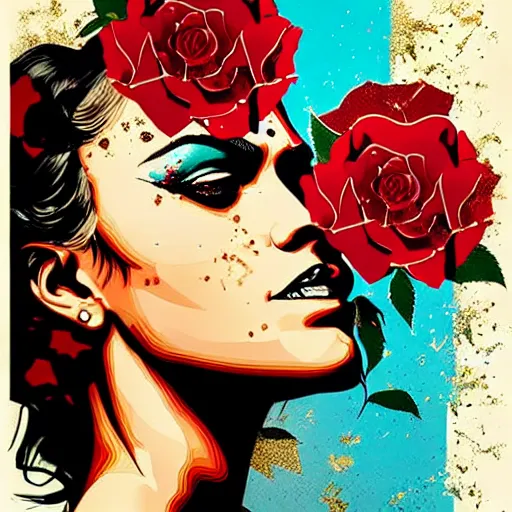 Image similar to portrait of american woman :: side profile :: in ocean :: roses and guns metal details :: gold :: blood and horror :: by marvel and Sandra Chevrier