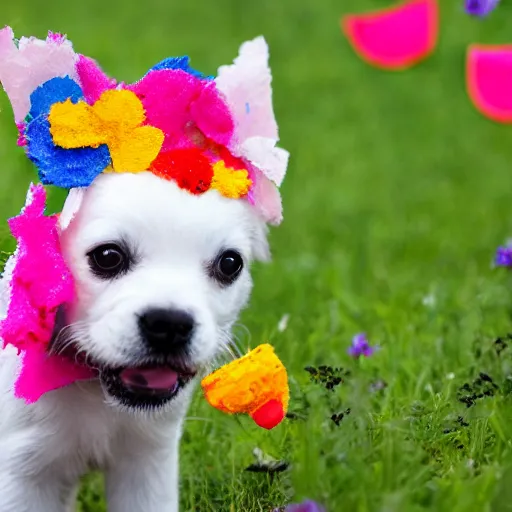 Prompt: a tiny puppy made of pinata, playing with a butterfly in a flowery meadow, real life, real camera, ultrarealistic