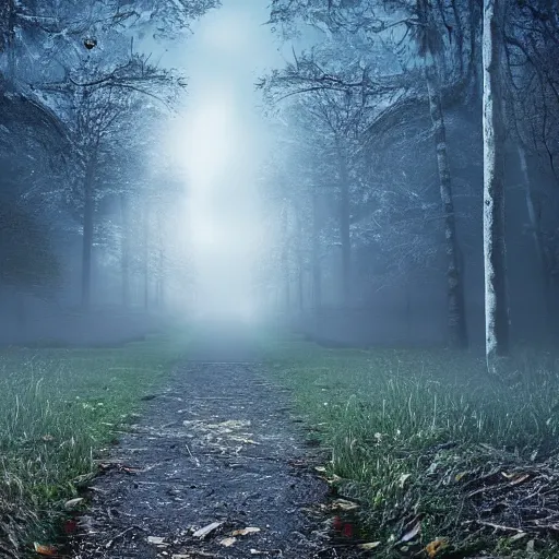 Image similar to a haunted circus deep in the middle of the forest, fog, realistic, moonlight