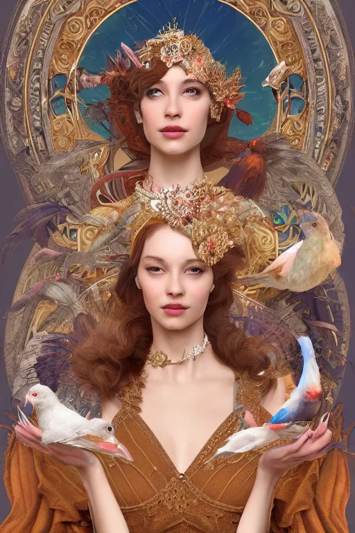 Prompt: zoom in 3 d render of english princess holding birds, fire, diamonds, ornaments, mucha vibe, dieselpunk, solarpunk, artstation, andrei riabovitchev