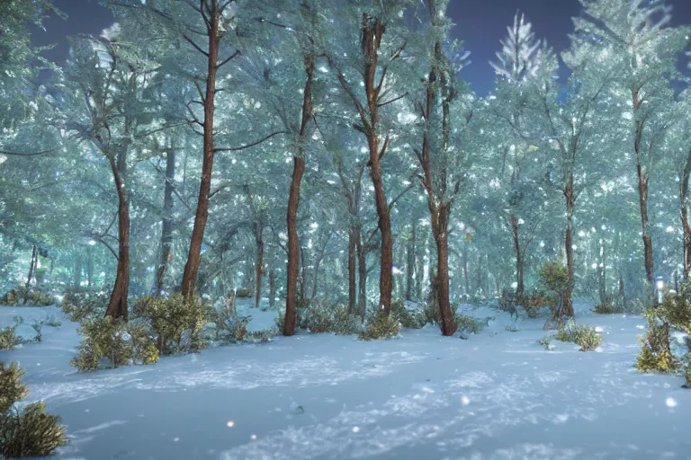 Prompt: crystalized forest with gilded trees and jeweled flowers by unreal engine, photorealistic