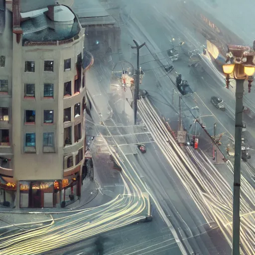 Image similar to A stunningly beautiful award-winning 8K high angle cinematic movie photograph of a foggy main intersection in an quiet 1950s small town at night, by Edward Hopper and David Fincher and Darius Khonji, cinematic lighting, perfect composition, moody low key volumetric light. Color palette from Seven. Shot from high, 3 point perspective