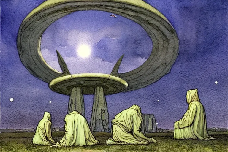 Image similar to a realistic and atmospheric watercolour fantasy concept art of a metallic ufo landing in a large stonehenge. medieval monk in grey robes on his knees praying. a crescent moon in the sky. muted colors. by rebecca guay, michael kaluta, charles vess and jean moebius giraud